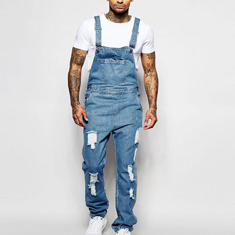 Wholesale S-3XL Men Fashion Ripped Hole Pocket Patchwork Denim Jumpsuits