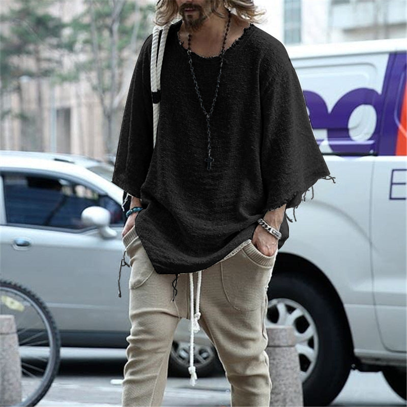 Wholesale S-3XL Men Fashion Solid Color Raw Hem Loose T-shirts