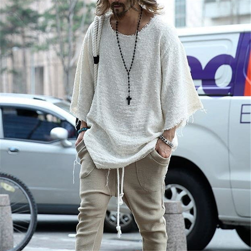 Wholesale S-3XL Men Fashion Solid Color Raw Hem Loose T-shirts