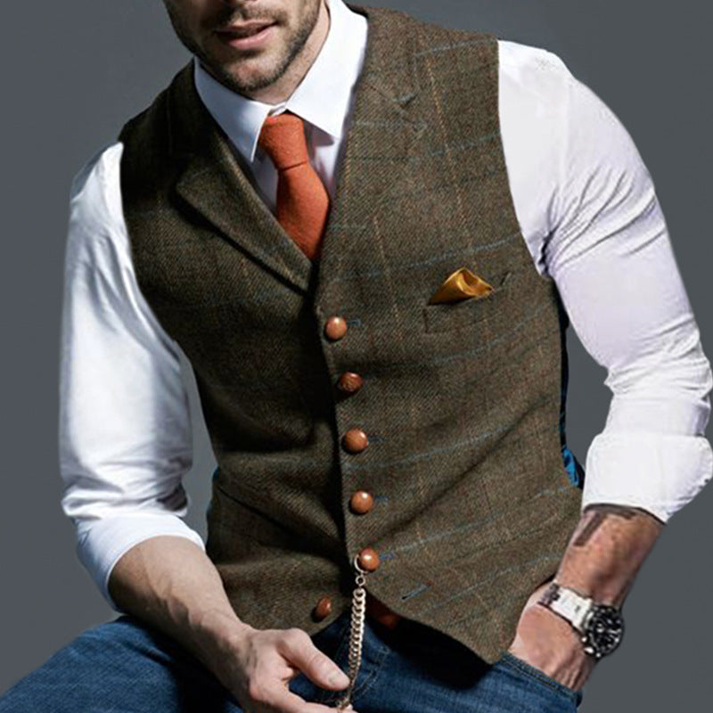 Wholesale S-3XL Men Gentle Plaid Print Single-breasted V-neck Vests