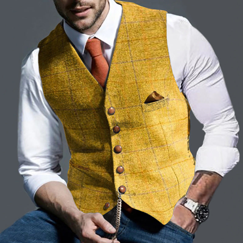 Wholesale S-3XL Men Gentle Plaid Print Single-breasted V-neck Vests