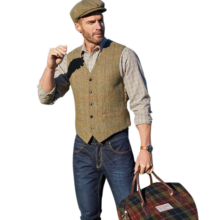 Wholesale M-5XL Men Gentle Plaid Print V-neck Single-breasted Vest