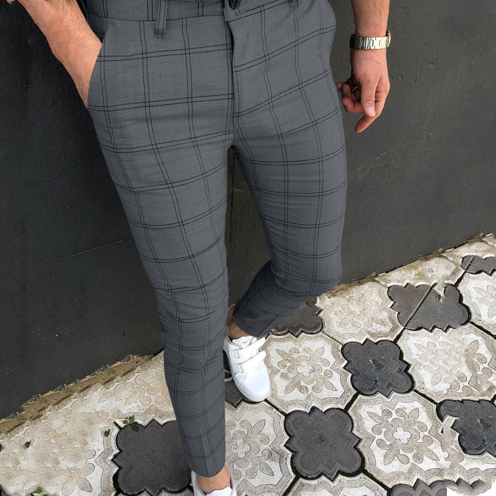 Wholesale S-3XL Men Casual Plaid Print Drawstring Tight Pants