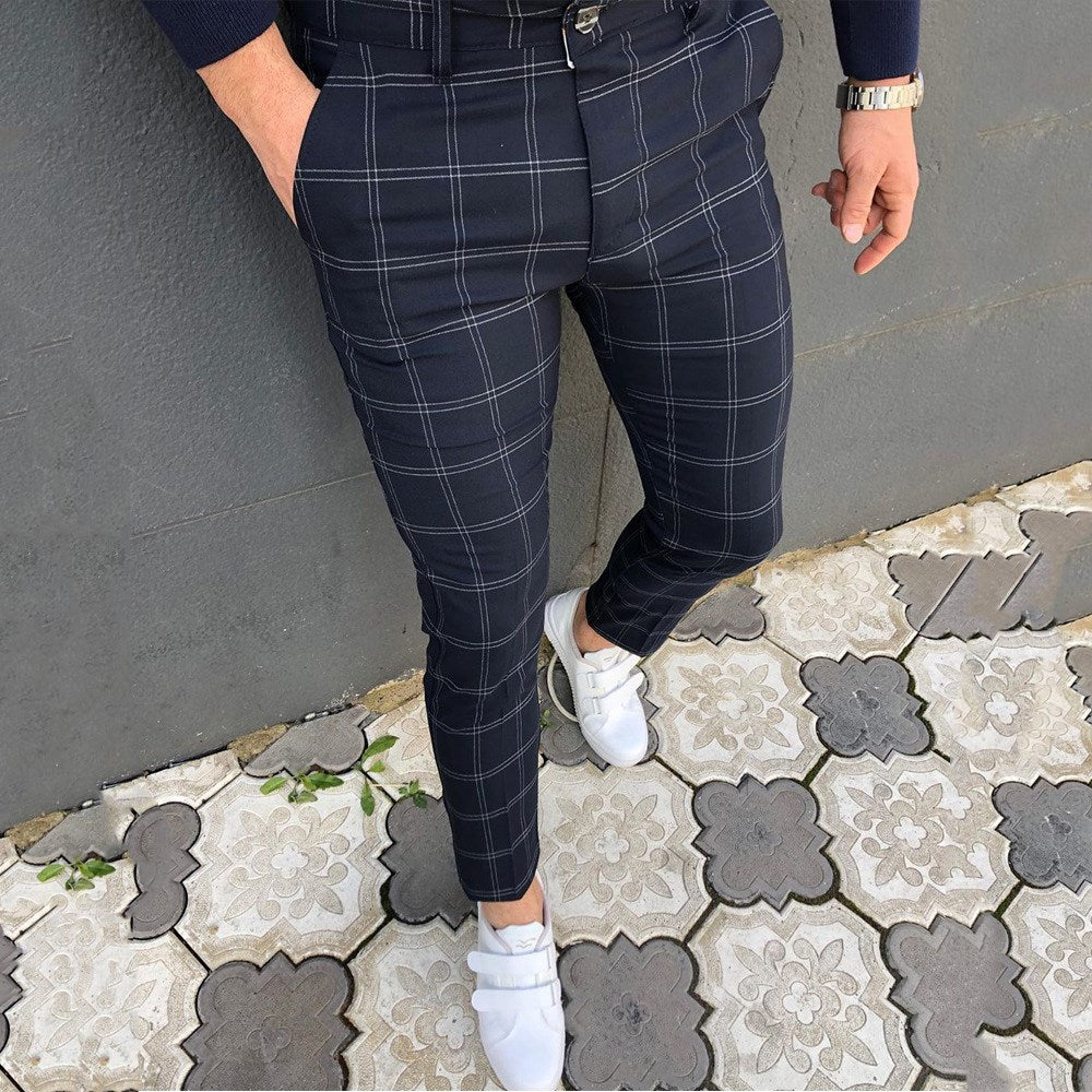 Wholesale S-3XL Men Casual Plaid Print Drawstring Tight Pants