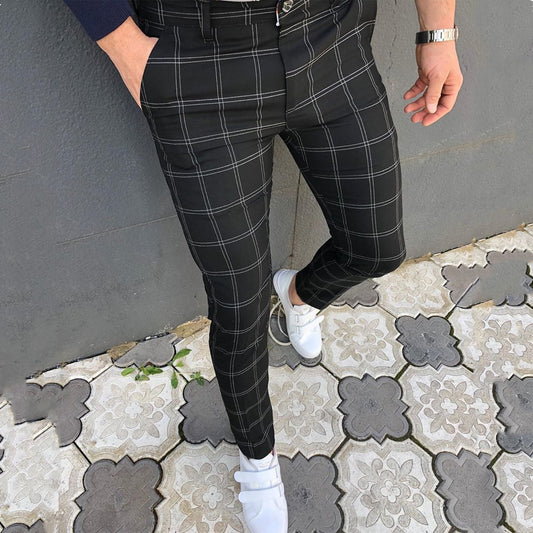 Wholesale S-3XL Men Casual Plaid Print Drawstring Tight Pants