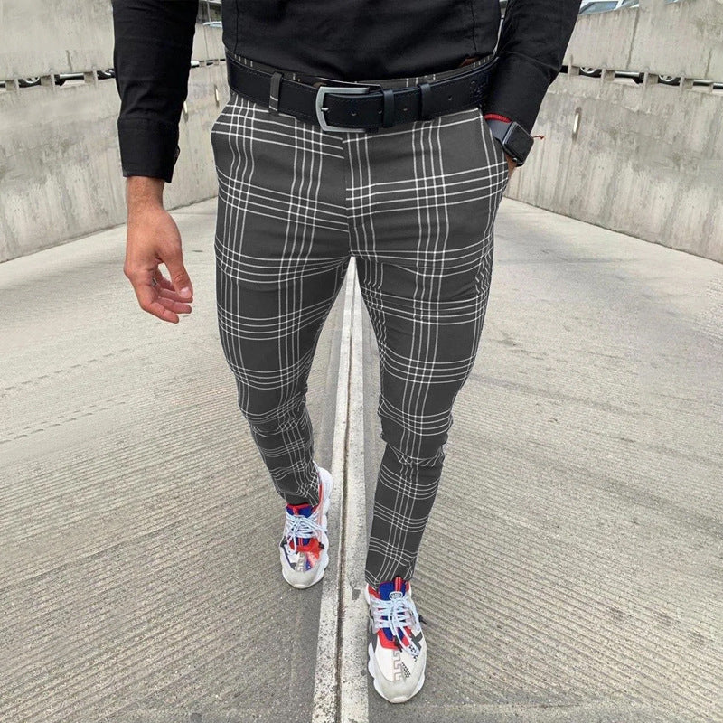 Wholesale S-3XL Men Casual Plaid Print Tight Pants