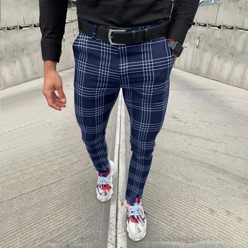 Wholesale S-3XL Men Casual Plaid Print Tight Pants