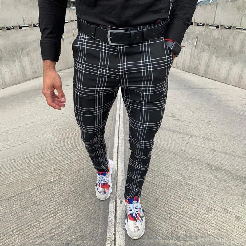 Wholesale S-3XL Men Casual Plaid Print Tight Pants