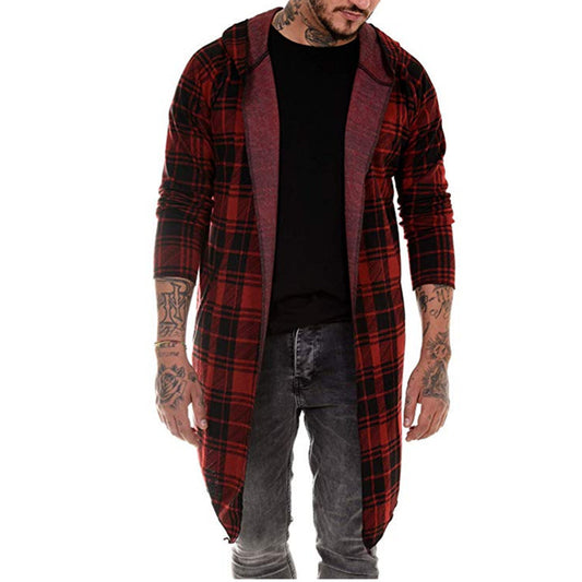 Wholesale S-XXL Men Casual Plaid Print Hooded Coat