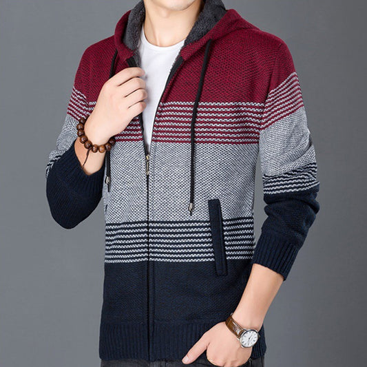 Wholesale M-4xl Men Casual Fleece-Lined Hooded Knitted Coat