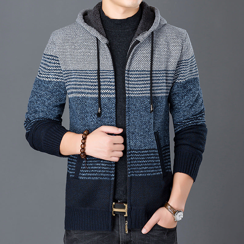 Wholesale M-4xl Men Casual Fleece-Lined Hooded Knitted Coat