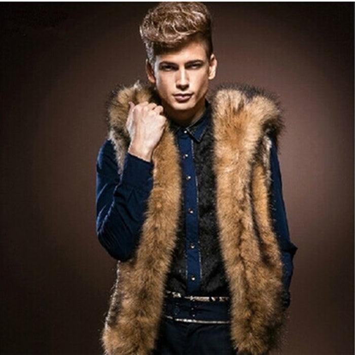 Wholesale S-3XL Men Fashion Hooded Artificial Fur Sleeveless Vest