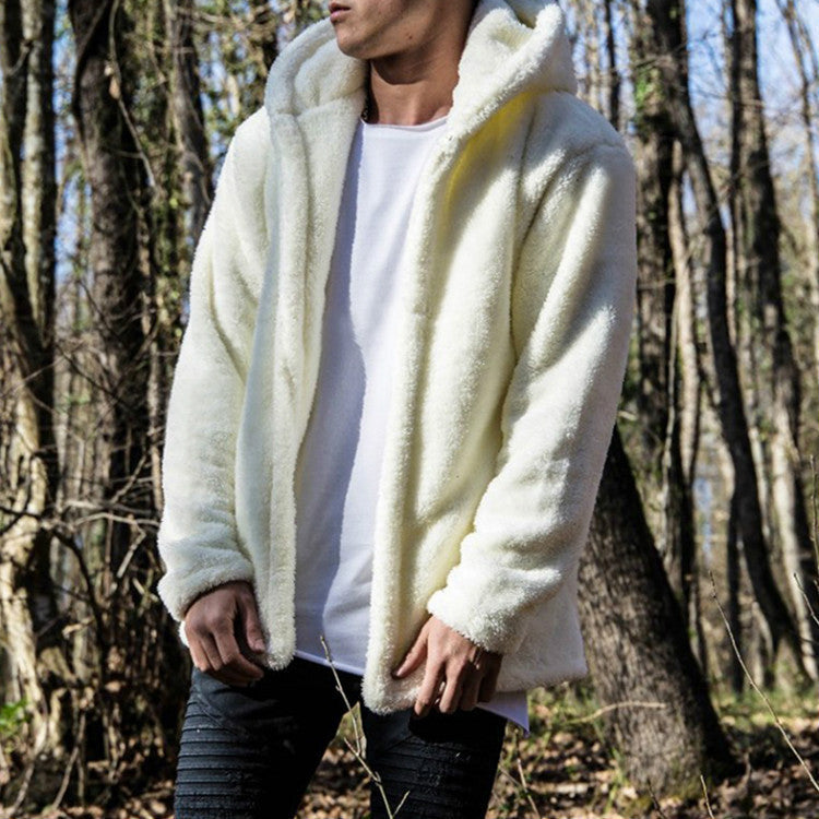 Wholesale S-3XL Men Fashion Solid Color Plush Long-Sleeve Hooded Coat