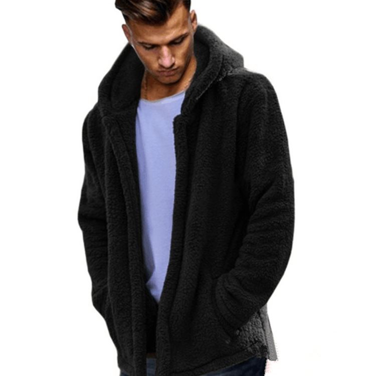 Wholesale S-3XL Men Fashion Solid Color Plush Long-Sleeve Hooded Coat