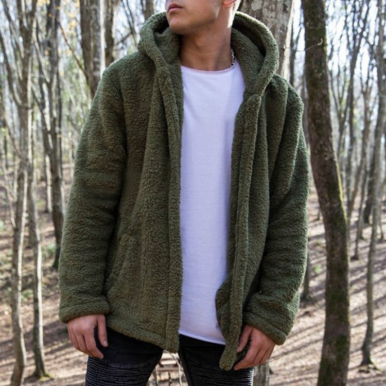 Wholesale S-3XL Men Fashion Solid Color Plush Long-Sleeve Hooded Coat