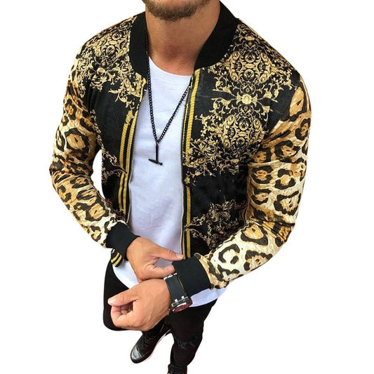 Wholesale S-3XL Men Fashion Leopard Print Zipper Long Sleeve Coat