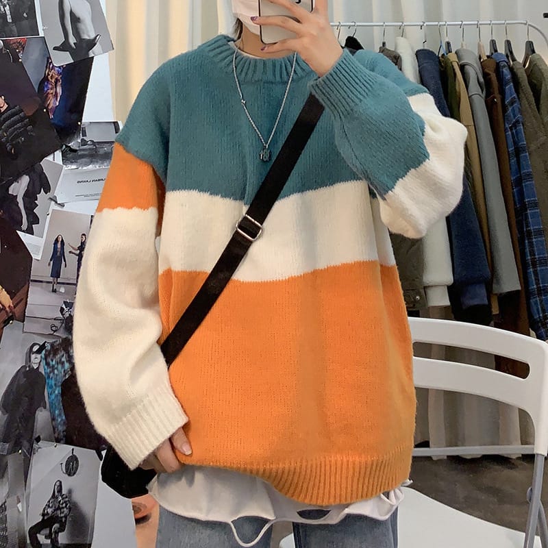 Wholesale M-2XL Men Fashion Round Neck Color Blocking Long Sleeve Sweater