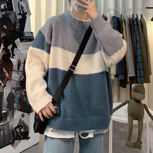 Wholesale M-2XL Men Fashion Round Neck Color Blocking Long Sleeve Sweater