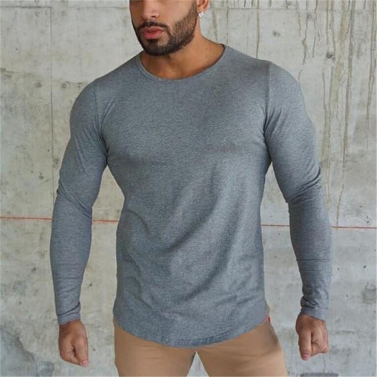 Wholesale M-2XL Men Solid Color Round Neck Long Sleeve Top