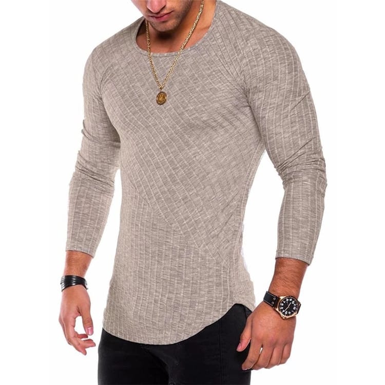 Wholesale S-3XL Men Round Neck Patchwork Irregular Hem Long Sleeve Top