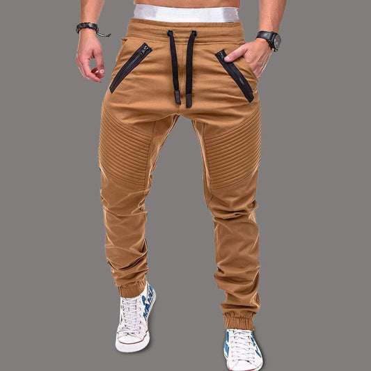 Wholesale M-3XL Men Fashion Drawstring Waist Zipper Solid Color Jogger Pants