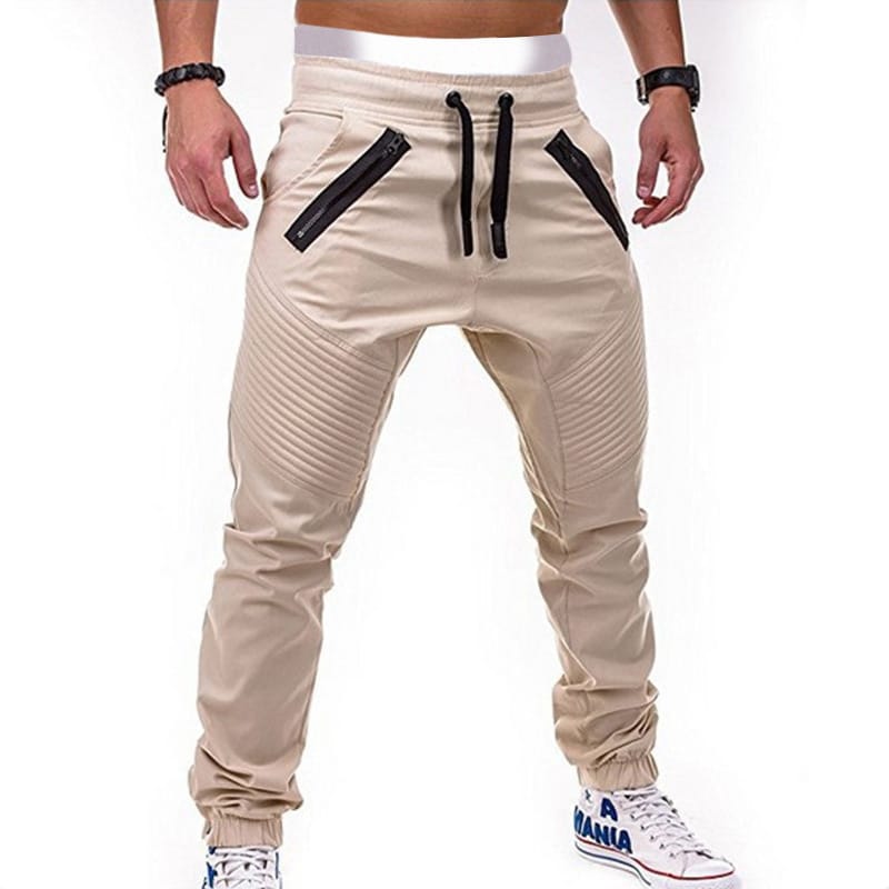 Wholesale M-3XL Men Fashion Drawstring Waist Zipper Solid Color Jogger Pants