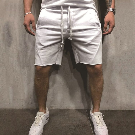 Wholesale S-3XL Men Fashion Solid Color Drawstring Waist Raw Hem Sports Shorts