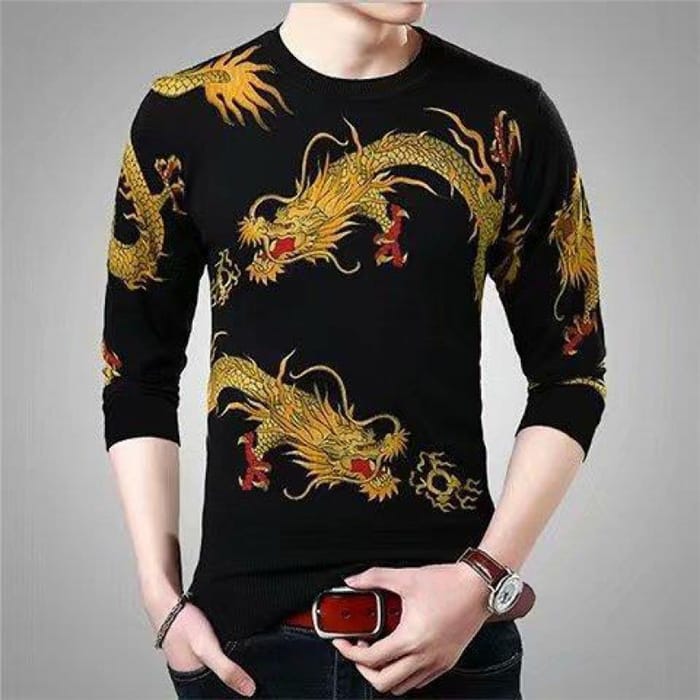 Wholesale M-5XL Men Fashion Dragon Tiger Printed Round Neck Long Sleeve T-Shirt