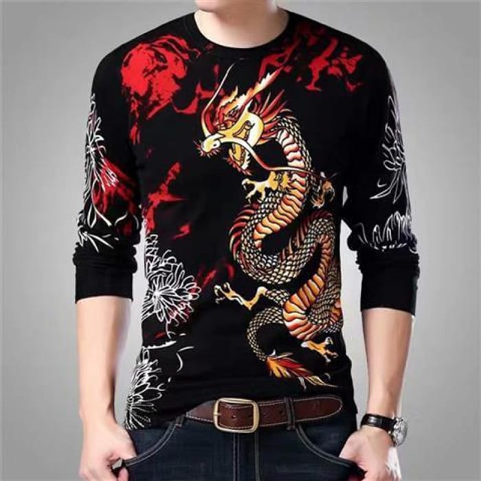 Wholesale M-5XL Men Fashion Dragon Tiger Printed Round Neck Long Sleeve T-Shirt