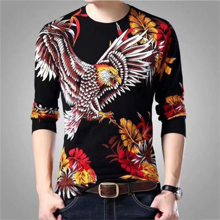 Wholesale M-5XL Men Fashion Dragon Tiger Printed Round Neck Long Sleeve T-Shirt