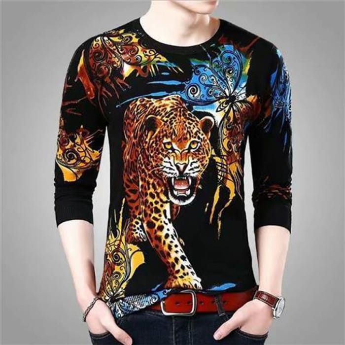 Wholesale M-5XL Men Fashion Dragon Tiger Printed Round Neck Long Sleeve T-Shirt