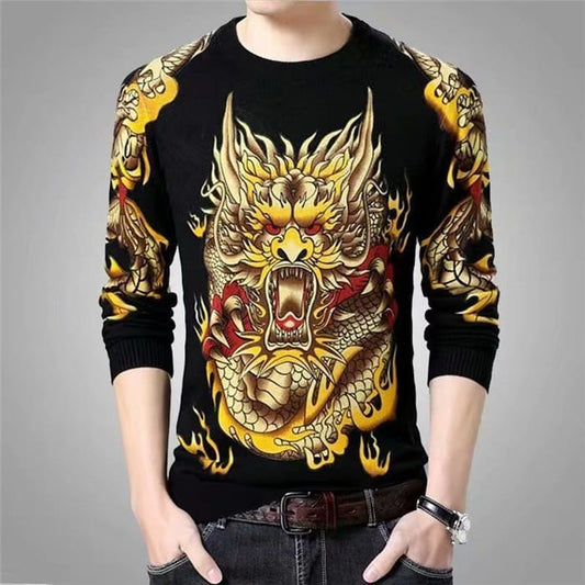 Wholesale M-5XL Men Fashion Dragon Tiger Printed Round Neck Long Sleeve T-Shirt