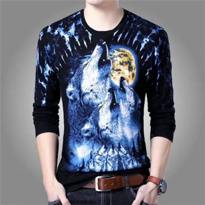 Wholesale M-5XL Men Fashion Dragon Tiger Printed Round Neck Long Sleeve T-Shirt