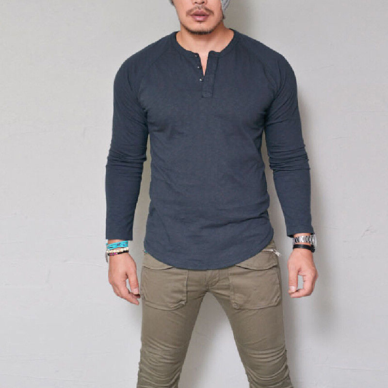 Wholesale S-4XL Men Fashion Solid Color Round Neck Buttons Long Sleeve T-Shirt