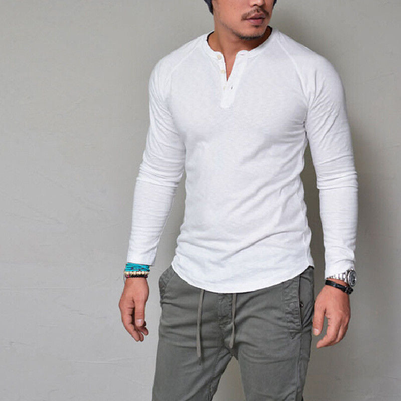 Wholesale S-4XL Men Fashion Solid Color Round Neck Buttons Long Sleeve T-Shirt