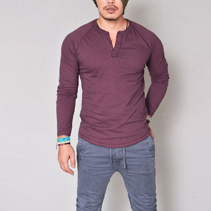 Wholesale S-4XL Men Fashion Solid Color Round Neck Buttons Long Sleeve T-Shirt