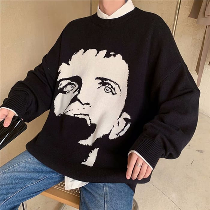 Wholesale M-2XL Men Loose Portrait Pattern Round Neck Knitwear