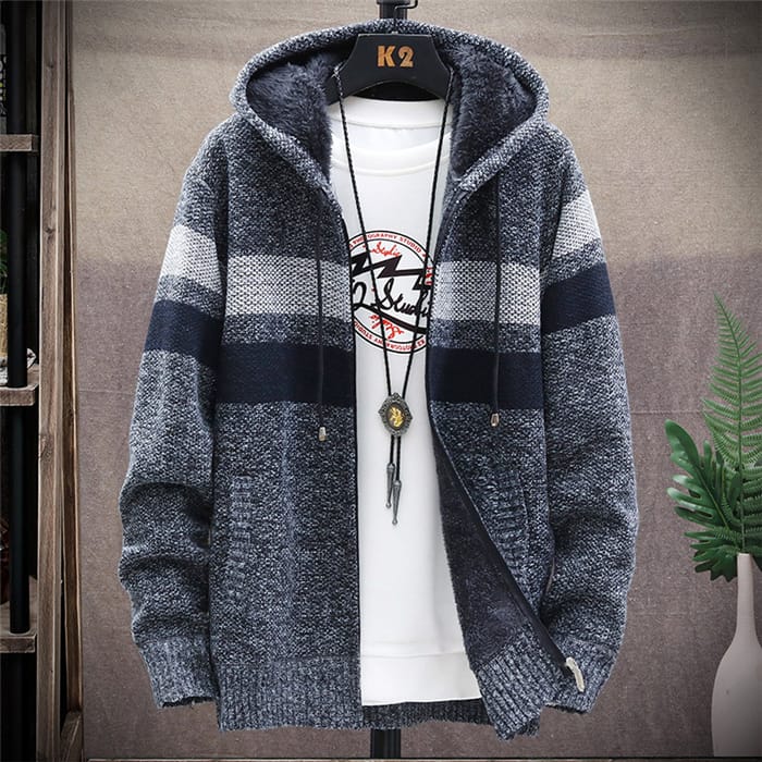 Wholesale M-3XL Men Fashion Color Blocking Zipper Hooded Knitwear Coat