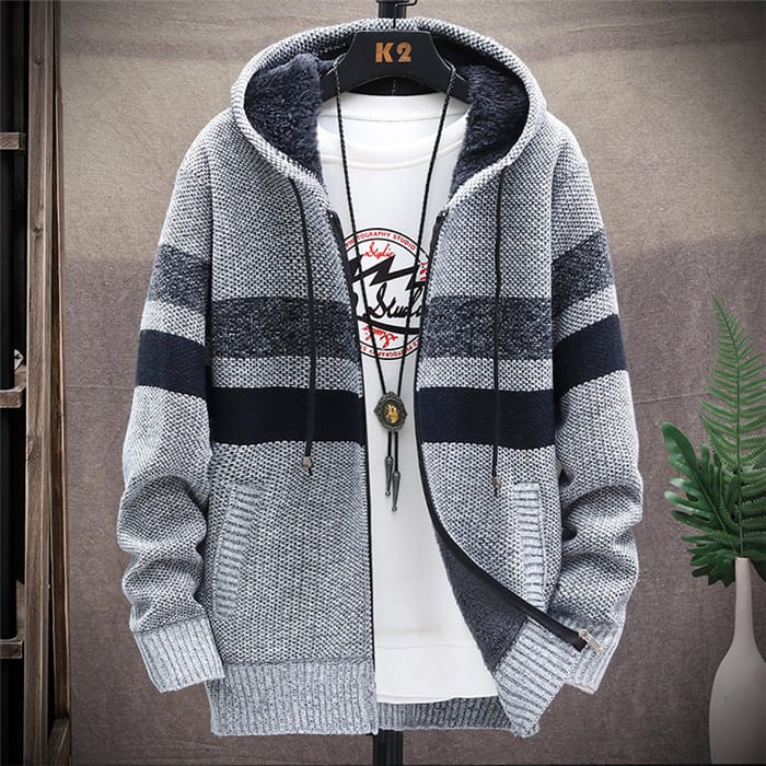 Wholesale M-3XL Men Fashion Color Blocking Zipper Hooded Knitwear Coat