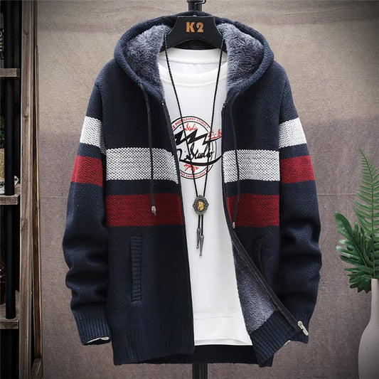 Wholesale M-3XL Men Fashion Color Blocking Zipper Hooded Knitwear Coat