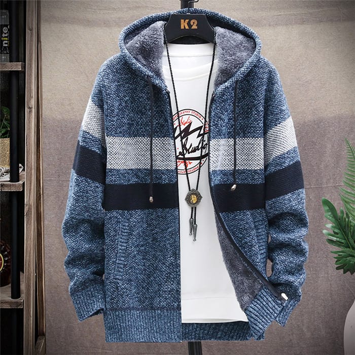 Wholesale M-3XL Men Fashion Color Blocking Zipper Hooded Knitwear Coat