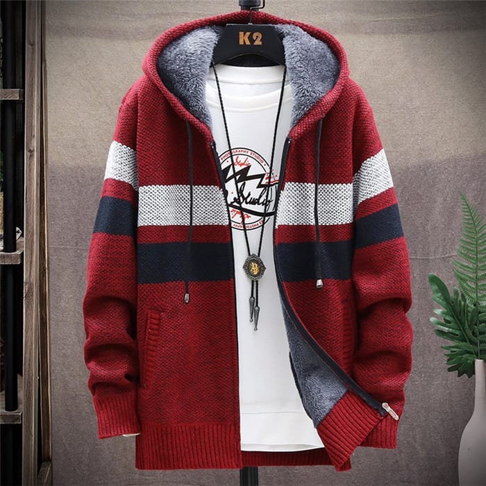 Wholesale M-3XL Men Fashion Color Blocking Zipper Hooded Knitwear Coat