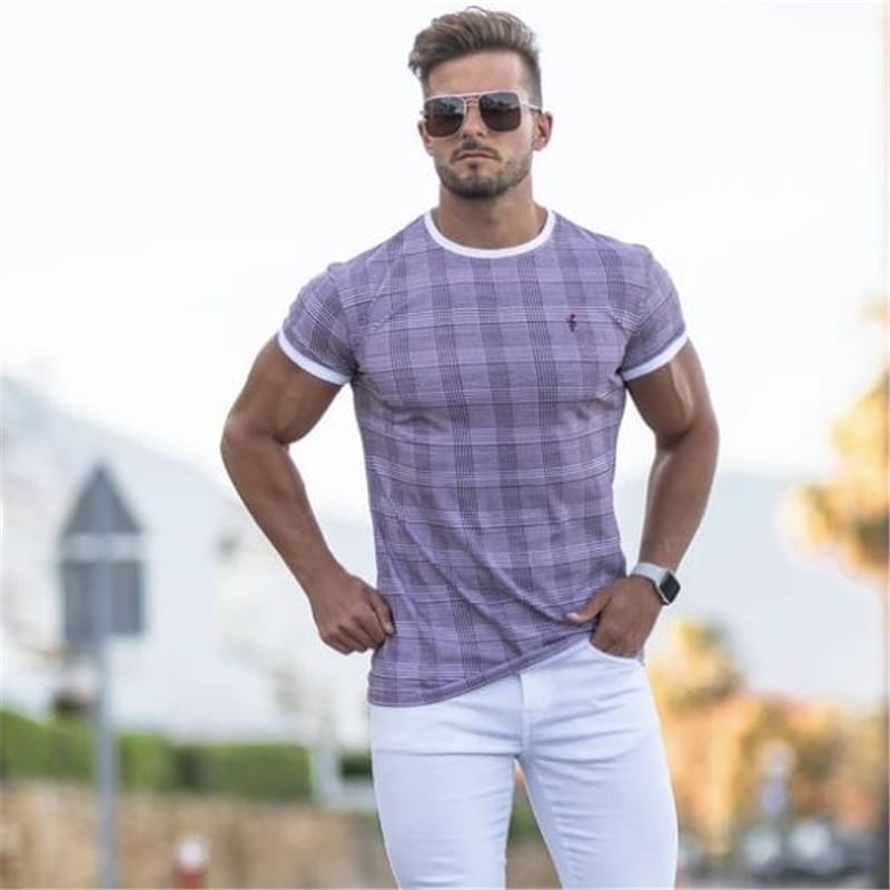 Wholesale M-2XL Men Fashion Gingham Stripe Round Neck T-shirt