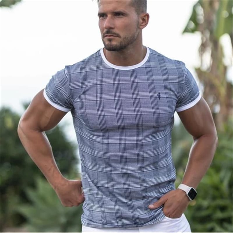 Wholesale M-2XL Men Fashion Gingham Stripe Round Neck T-shirt