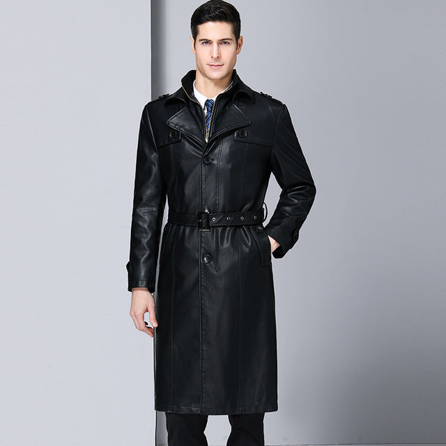 Wholesale S-4XL Men Fashion Solid Color Lapel Single-breasted Leather Overcoat