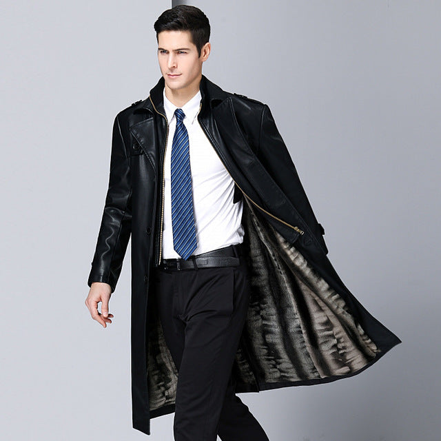 Wholesale S-4XL Men Fashion Solid Color Lapel Single-breasted Leather Overcoat