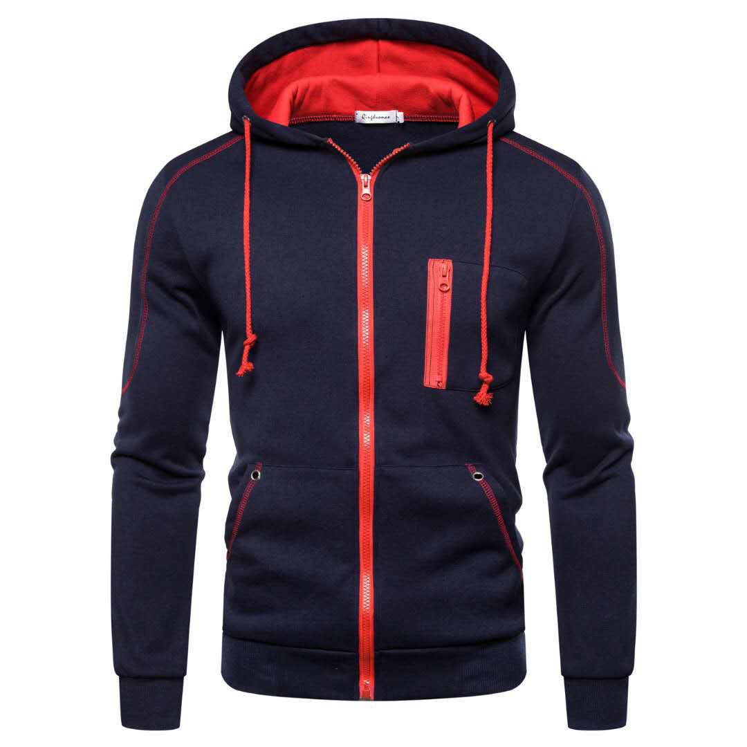 Wholesale M-3XL Men Color Blocking Drawstring Zipper Hoodie