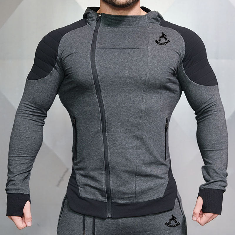 Wholesale S-2XL Men Fashion Contrast Color Asymmetrical Zipper Fitness Hoodie