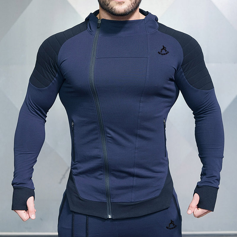 Wholesale S-2XL Men Fashion Contrast Color Asymmetrical Zipper Fitness Hoodie