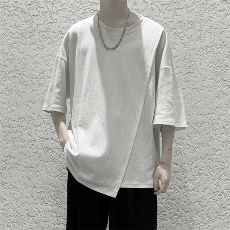 Wholesale M-2XL Men Fashion Solid Color Irregular Hem Round Neck T-shirt